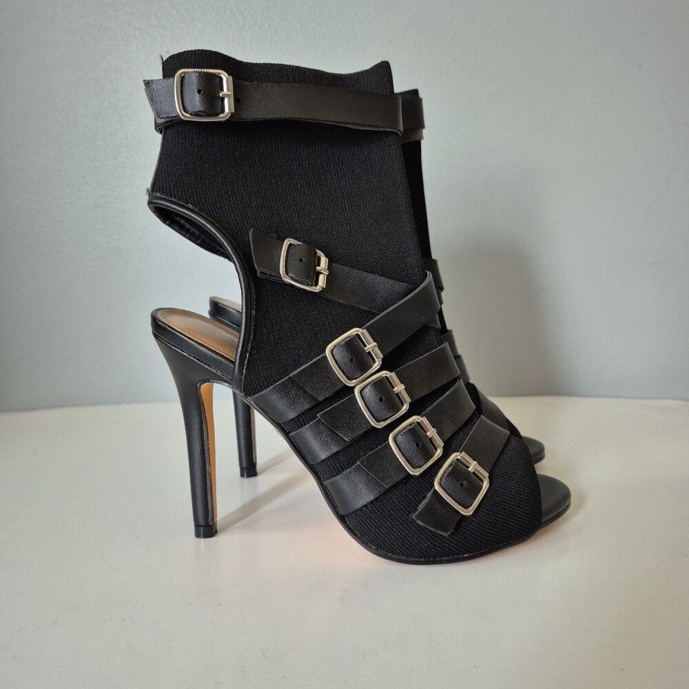 Nicole Miller Black Boomer Strappy Nylon Buckle Peep Toe Booties Womens 6